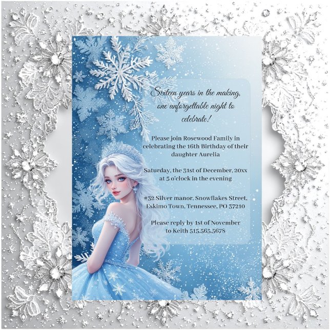 Sweet 16 Icy Blue Silver Winter Personalized Photo Inbjudningar (Sweet 16 Icy Blue Silver Winter Personalized Photo Invitation)