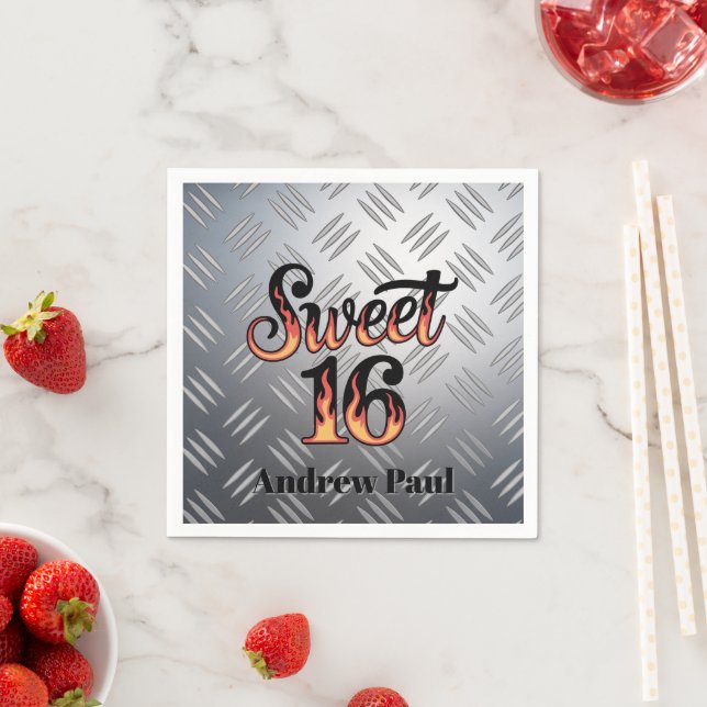 Sweet 16 In Fire Flames and Silver Plate Birthday Pappersservett (Insitu)