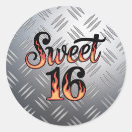Sweet 16 In Fire Flames and Silver Plate Birthday Runt Klistermärke