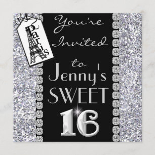 SWEET 16 Inbjudan till Paris-temat Bling-partiet
