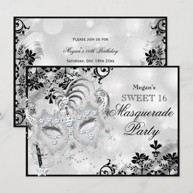Sweet 16 Jewel Mask & Damask Silver Masqueraad Inbjudningar (Fram/baksida)