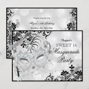 Sweet 16 Jewel Mask & Damask Silver Masqueraad Inbjudningar