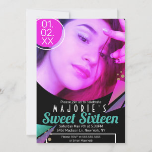 Sweet 16 Klubb Stil Neon Party Foto Inbjudningar