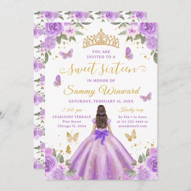 Sweet 16 Light Purple Princess Brunette Girl Inbjudningar (Fram/baksida)