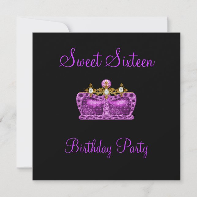 Sweet 16 Lila Kronprinsessa Event Färg Svart Inbjudningar (Framsida)