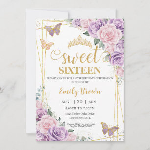 Sweet 16 Lila Lilac Rosa Blommigt Butterflies Inbjudningar