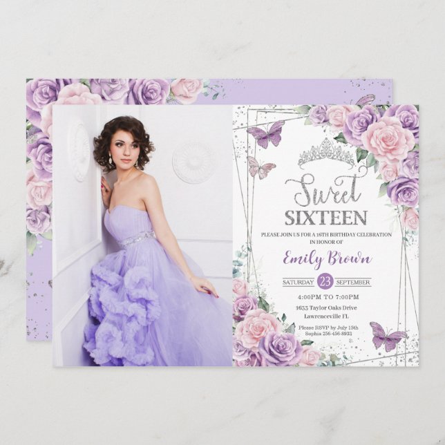 Sweet 16 Lila Lilac Rosa Blommigt Butterfly Photo Inbjudningar (Fram/baksida)