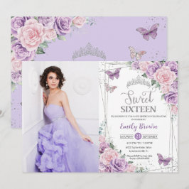 Sweet 16 Lila Lilac Rosa Blommigt Butterfly Photo Inbjudningar