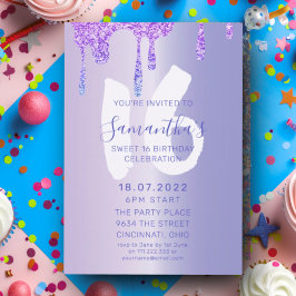 Sweet 16 Lila Metallic & Glitter Drips Birthday Inbjudningar