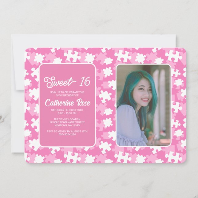 Sweet 16 Lila Rosa and White Puzzle Photo Inbjudningar (Framsida)