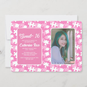 Sweet 16 Lila Rosa and White Puzzle Photo Inbjudningar