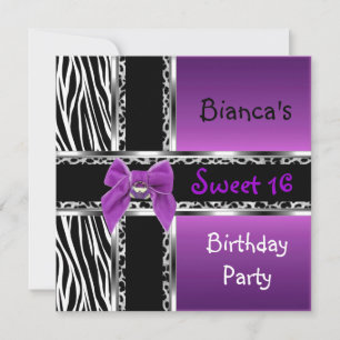 Sweet 16 Lila Rosa Silver Svart Zebra Leopard Inbjudningar