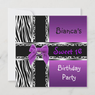 Sweet 16 Lila Rosa Silver Svart Zebra Leopard Inbjudningar
