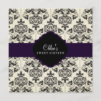 Sweet 16 | Lila & Svart Damask-inbjudan Inbjudningar