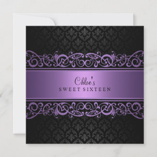 Sweet 16 | Lila & Svart Damask-inbjudan Inbjudningar