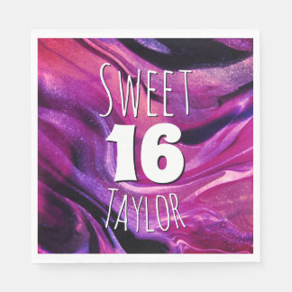 Sweet 16 Magenta Purple Marble Personalized Pappersservett