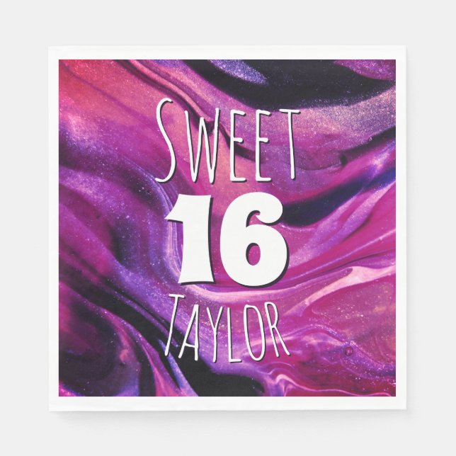 Sweet 16 Magenta Purple Marble Personalized Pappersservett (Framsidan)