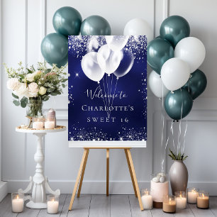 Sweet 16 marinblå vita ballonger välkommen poster