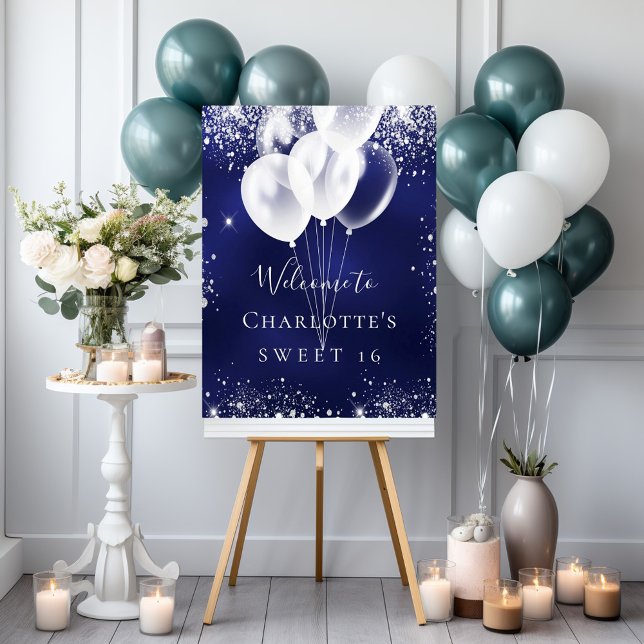 Sweet 16 marinblå vita ballonger välkommen poster (Skapare uppladdad)
