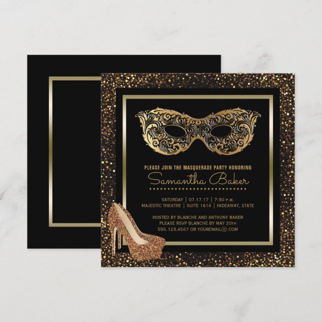 Sweet 16 Masqueraad Party | Guld Sweet sixteen Inbjudningar (Fram/baksida)