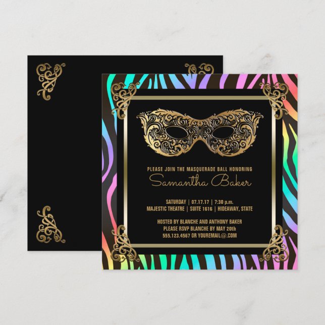 Sweet 16 Masqueraad Party | Sweet sixteen Zebra Inbjudningar (Fram/baksida)
