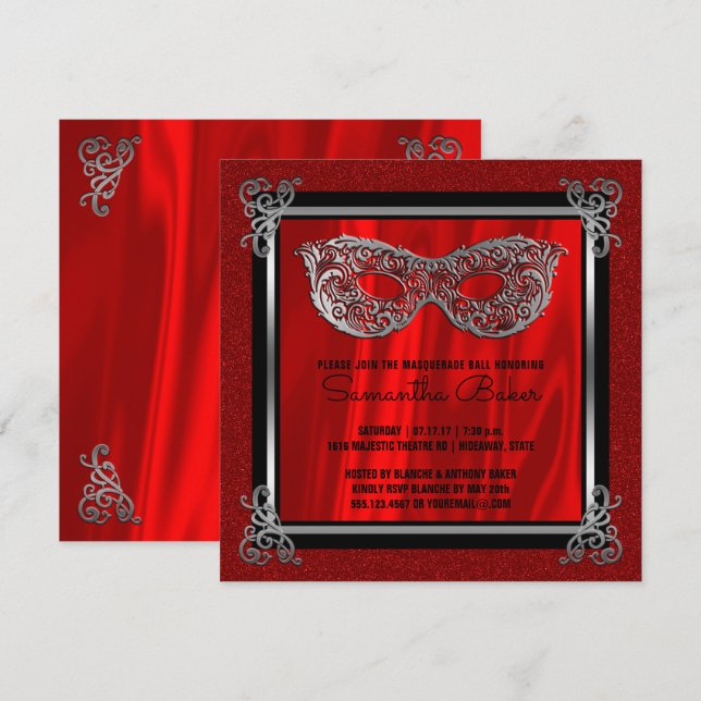 Sweet 16 Masqueraad | Red Sweet sixteen Birthday Inbjudningar (Fram/baksida)