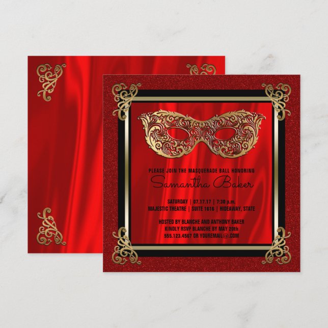 Sweet 16 Masqueraad | Red Sweet sixteen Birthday Inbjudningar (Fram/baksida)