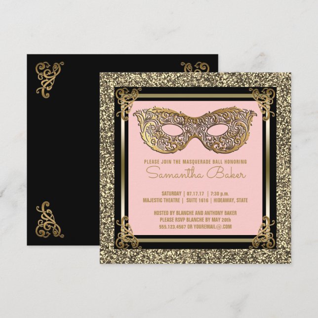 Sweet 16 Masqueraad | Sweet sixteen Rosa Guld Inbjudningar (Fram/baksida)