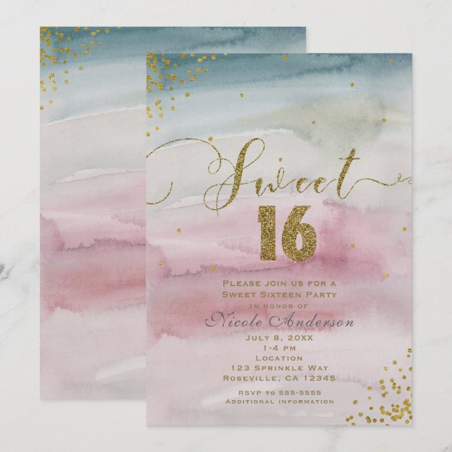 SWEET 16 Modern Glam Watercolor Guld Konfetti Inbjudningar (Fram/baksida)