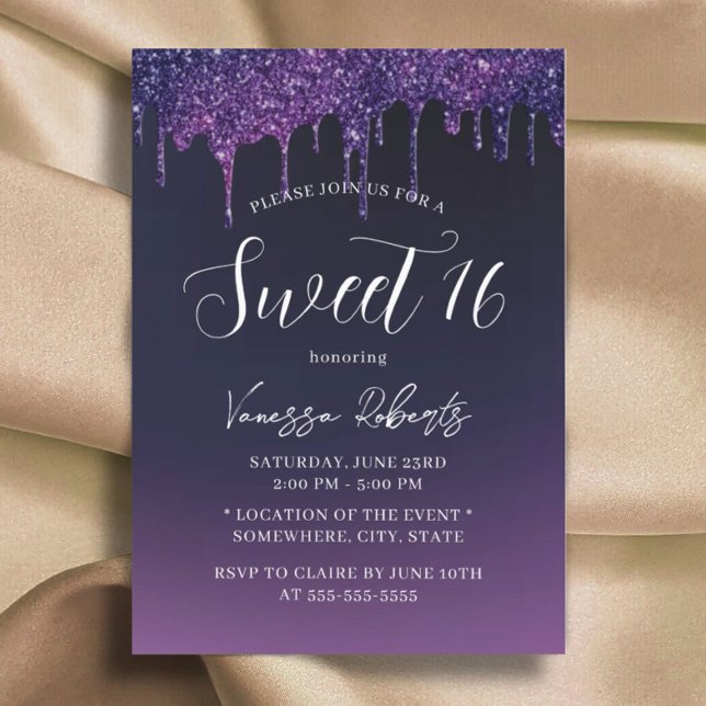 Sweet 16 Modern Lila Glitter Drips Girl Birthday Inbjudningar (Skapare uppladdad)