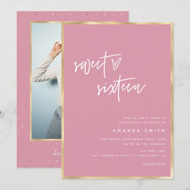 Sweet 16 Modern Script Gold Foil Rosa Birthday Inbjudningar (Fram/baksida)