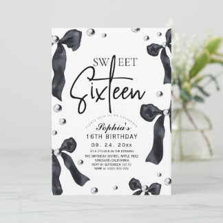 Sweet 16 Modern Stylish Black Bow Birthday Party Inbjudningar