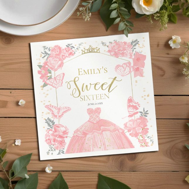Sweet 16 Napkins Butterfly Rosa Dress Blommigt Pappersservett (Skapare uppladdad)