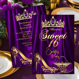 Sweet 16 Party Purple Tiara High heel Purse Gold Inbjudningar