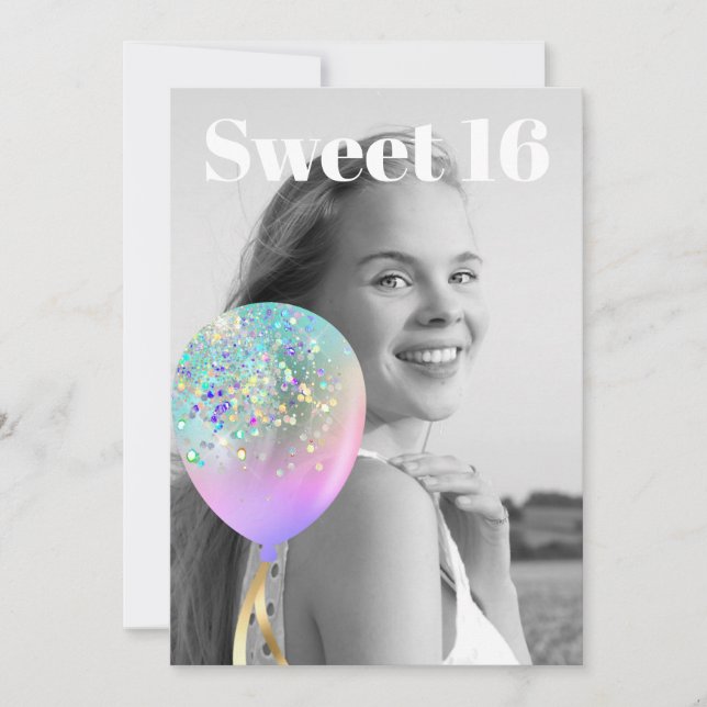 *~* Sweet 16 PHOTO Balloon Rainbow AP29 Birthday Inbjudningar (Framsida)