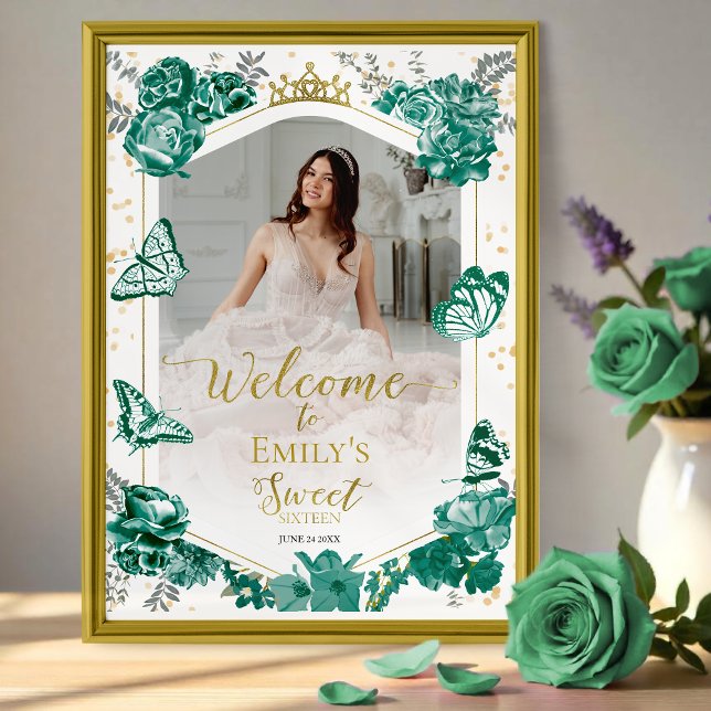 Sweet 16 Photo Welcome Sign Butterfly Grönt Poster (Skapare uppladdad)