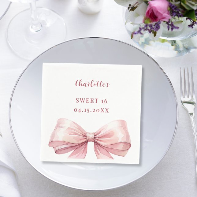 Sweet 16 pink bow elegant modern luncheon pappersservett (Skapare uppladdad)