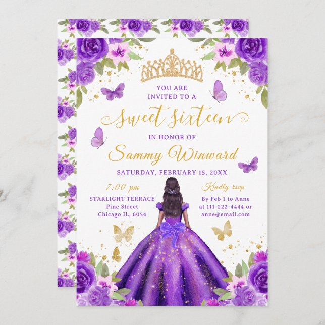 Sweet 16 Purple Princess African American Girl Inbjudningar (Fram/baksida)