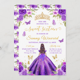 Sweet 16 Purple Princess Brunette Girl Inbjudningar