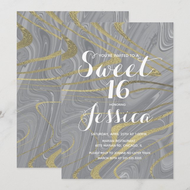 Sweet 16 | Quince Marble Flytande Grå Falskt Guld Inbjudningar (Fram/baksida)
