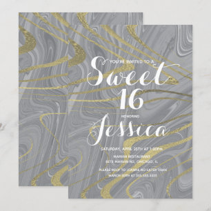 Sweet 16 Quince Marble Flytande Grå Falskt Guld Inbjudningar