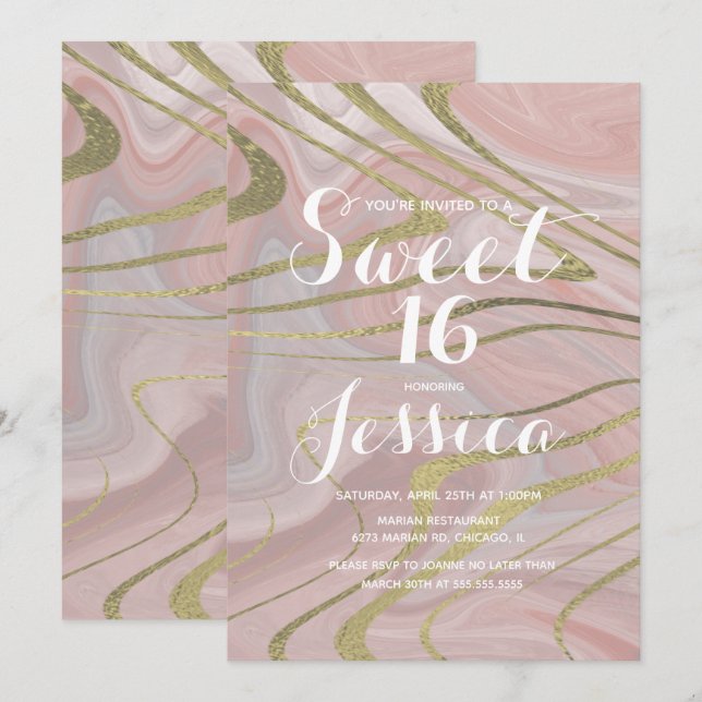 Sweet 16 | Quince Marble Flytande Rosa Falskt Guld Inbjudningar (Fram/baksida)