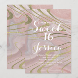 Sweet 16 Quince Marble Flytande Rosa Falskt Guld Inbjudningar
