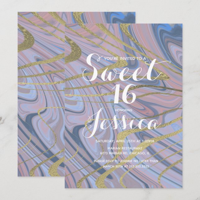 Sweet 16 | Quince Marmor Vätska Blå Rosa Inbjudningar (Fram/baksida)
