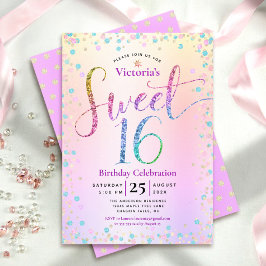 Sweet 16 Rainbow Glitter Confetti Ombre Birthday Inbjudningar