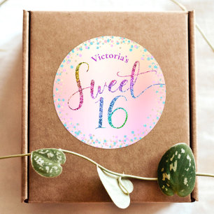 Sweet 16 Rainbow Glitter Confetti Ombre Birthday Runt Klistermärke