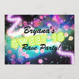 SWEET 16 Rave Club Neon Födelsedagsinbjudan Inbjudningar