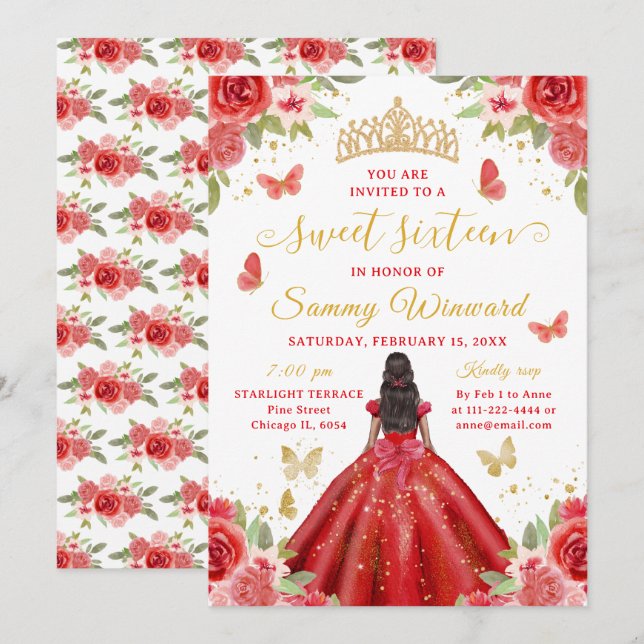Sweet 16 Red Princess African American Girl Inbjudningar (Fram/baksida)