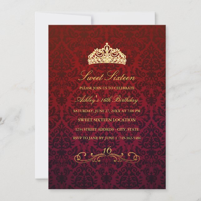 Sweet 16 | Röd Tiara & Damask-inbjudan Inbjudningar (Framsida)