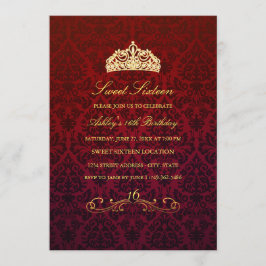 Sweet 16 | Röd Tiara & Damask-inbjudan Inbjudningar
